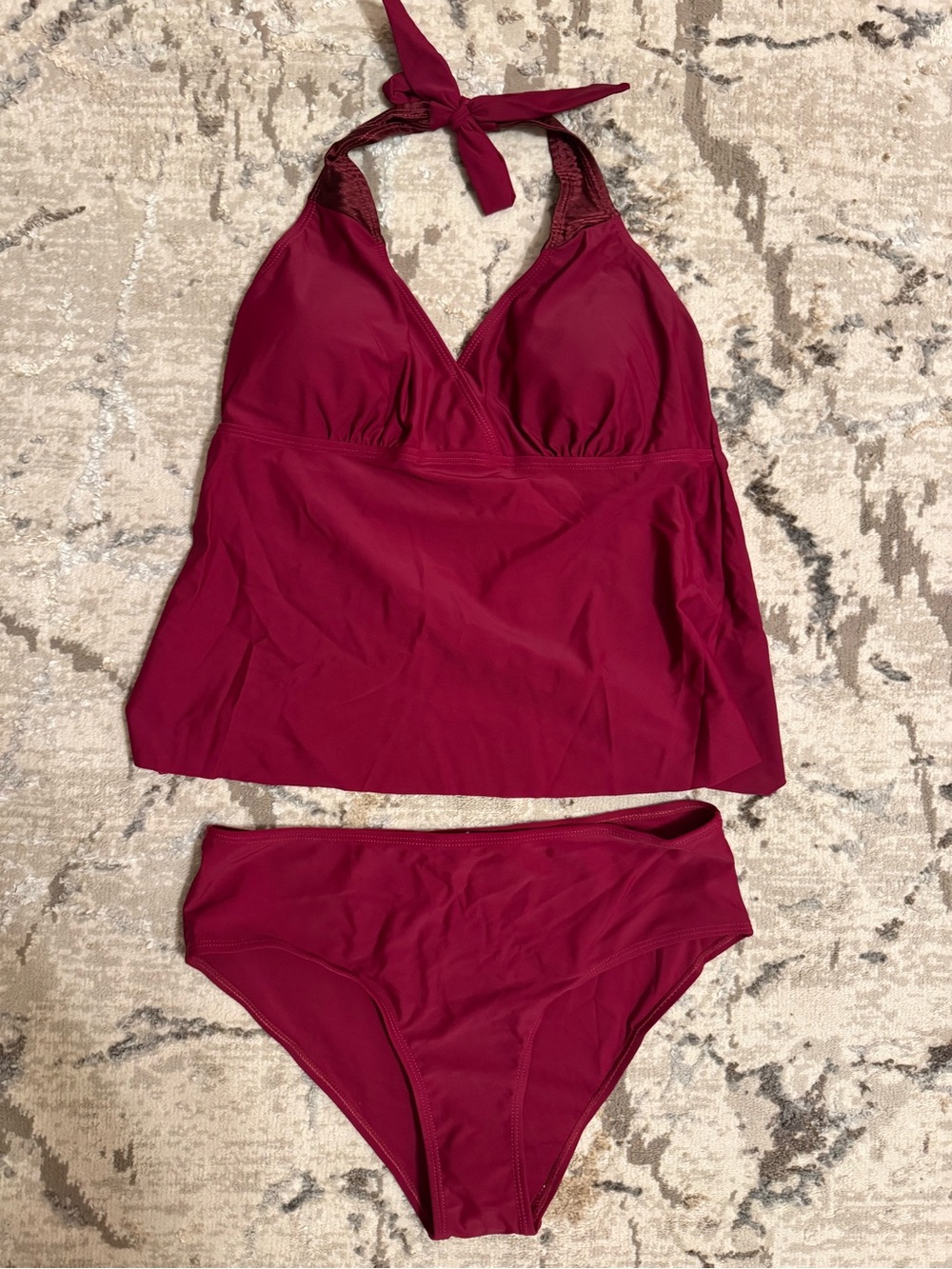 Women’s Halter Tankini Set in Deep Burgundy. Large Bottoms 10”